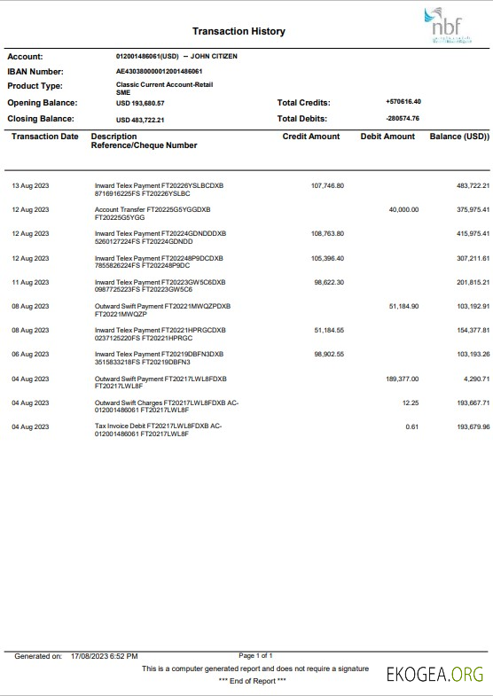 Modèle Word et PDF de relevé bancaire NBF des EAU